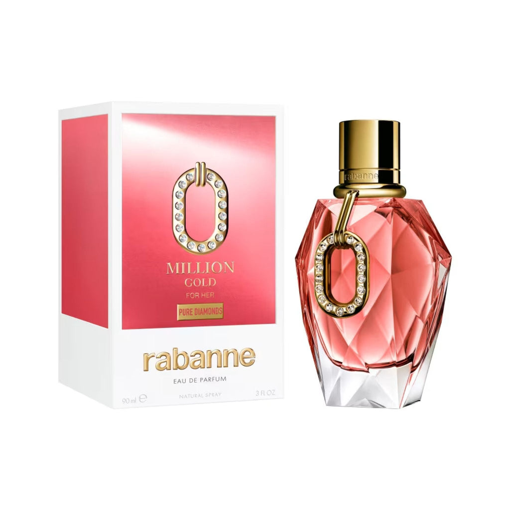 Refect Beauty Paco Rabanne Million Gold Pure Diamonds Eau de Parfum bottle with diamond-encrusted gold link and box.