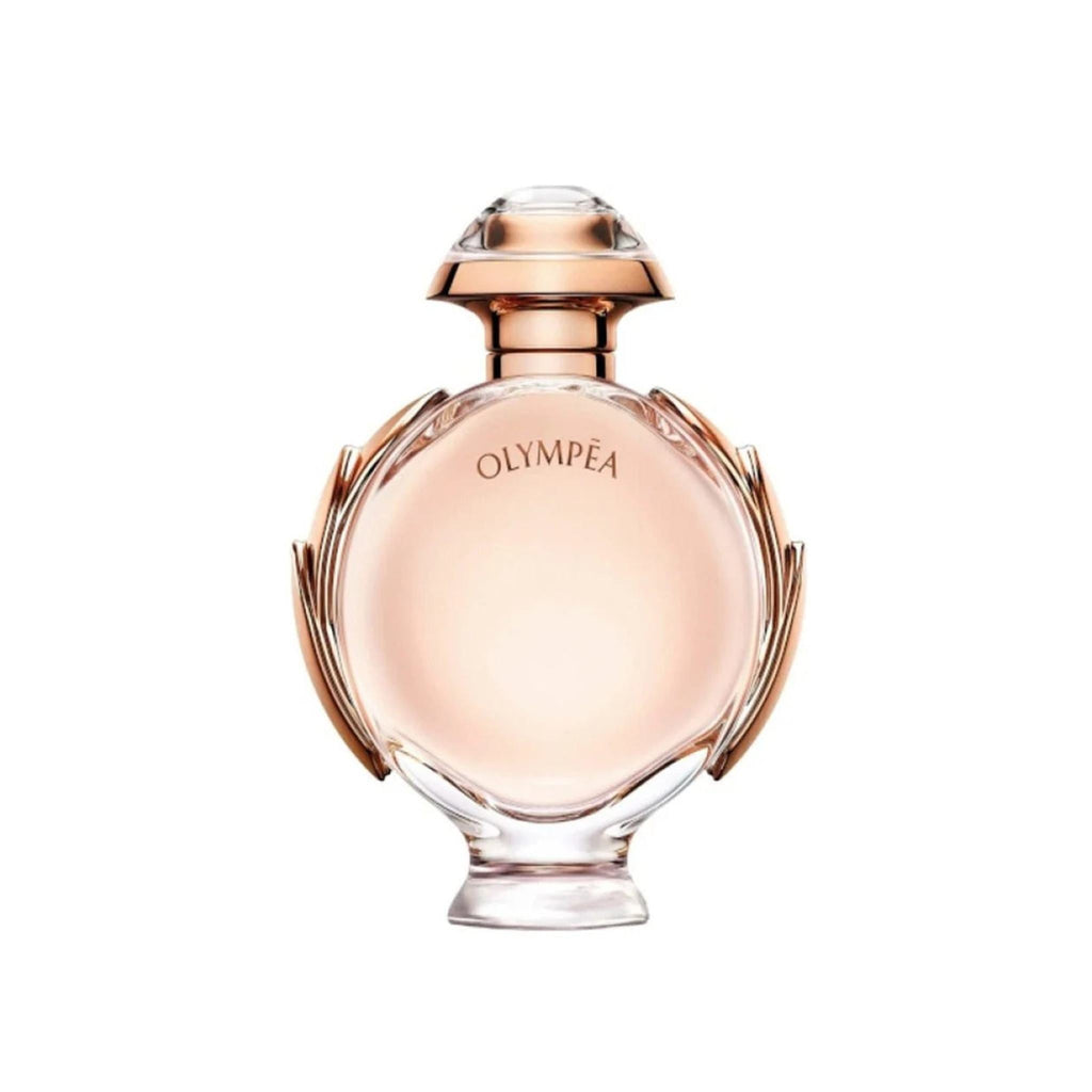 Refect Beauty Paco Rabanne Olympea Eau de Parfum in a round glass bottle with rose gold laurel leaf accents