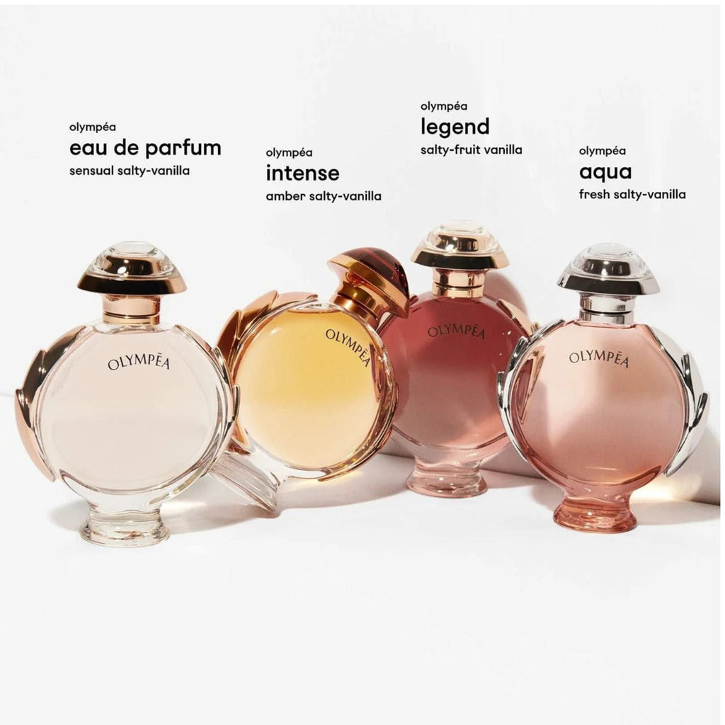 Refect Beauty collection of Paco Rabanne Olympea perfume bottles in various amber and floral scent variations