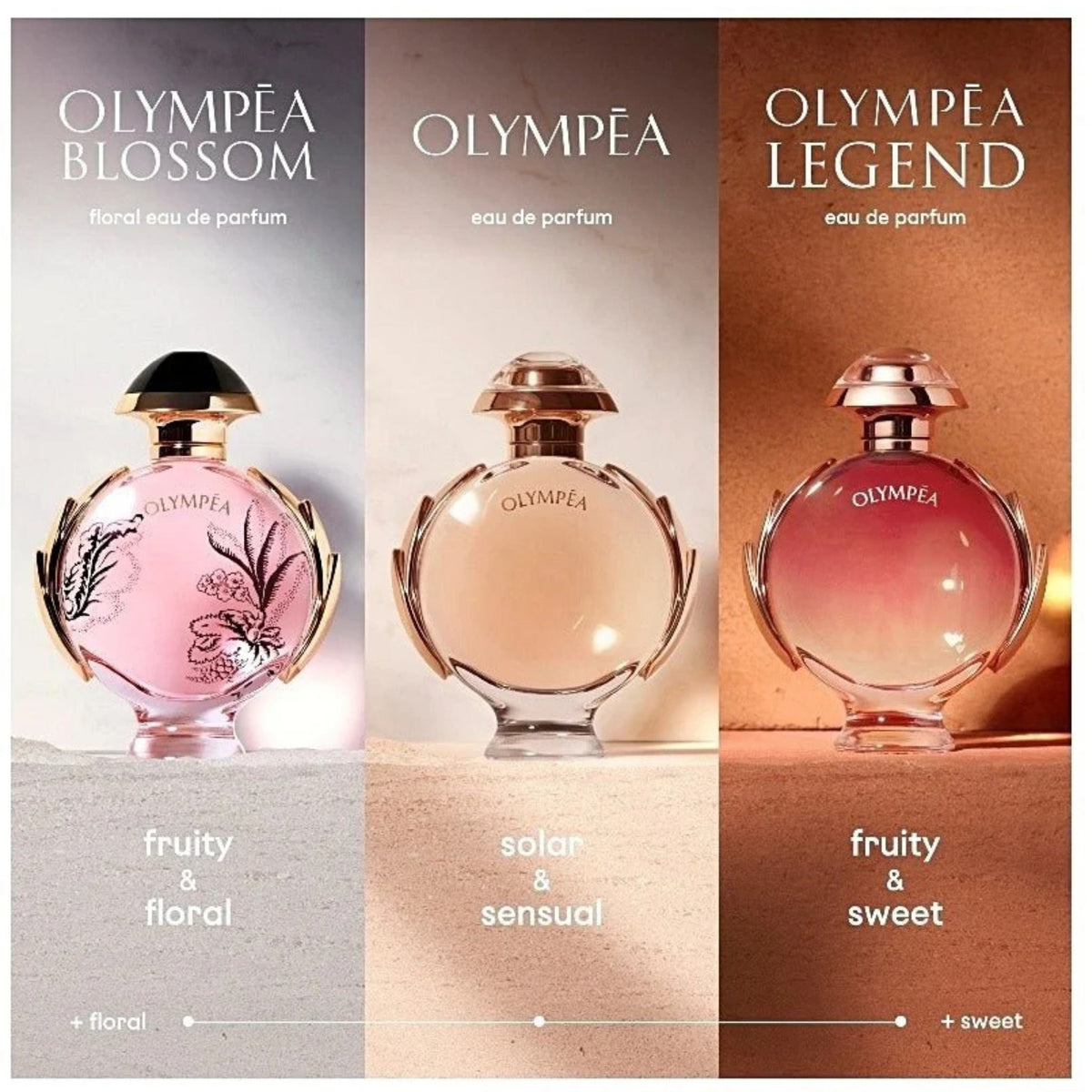 Refect Beauty collection of Paco Rabanne Olympea perfume bottles in Blossom, original, and Legend variations.