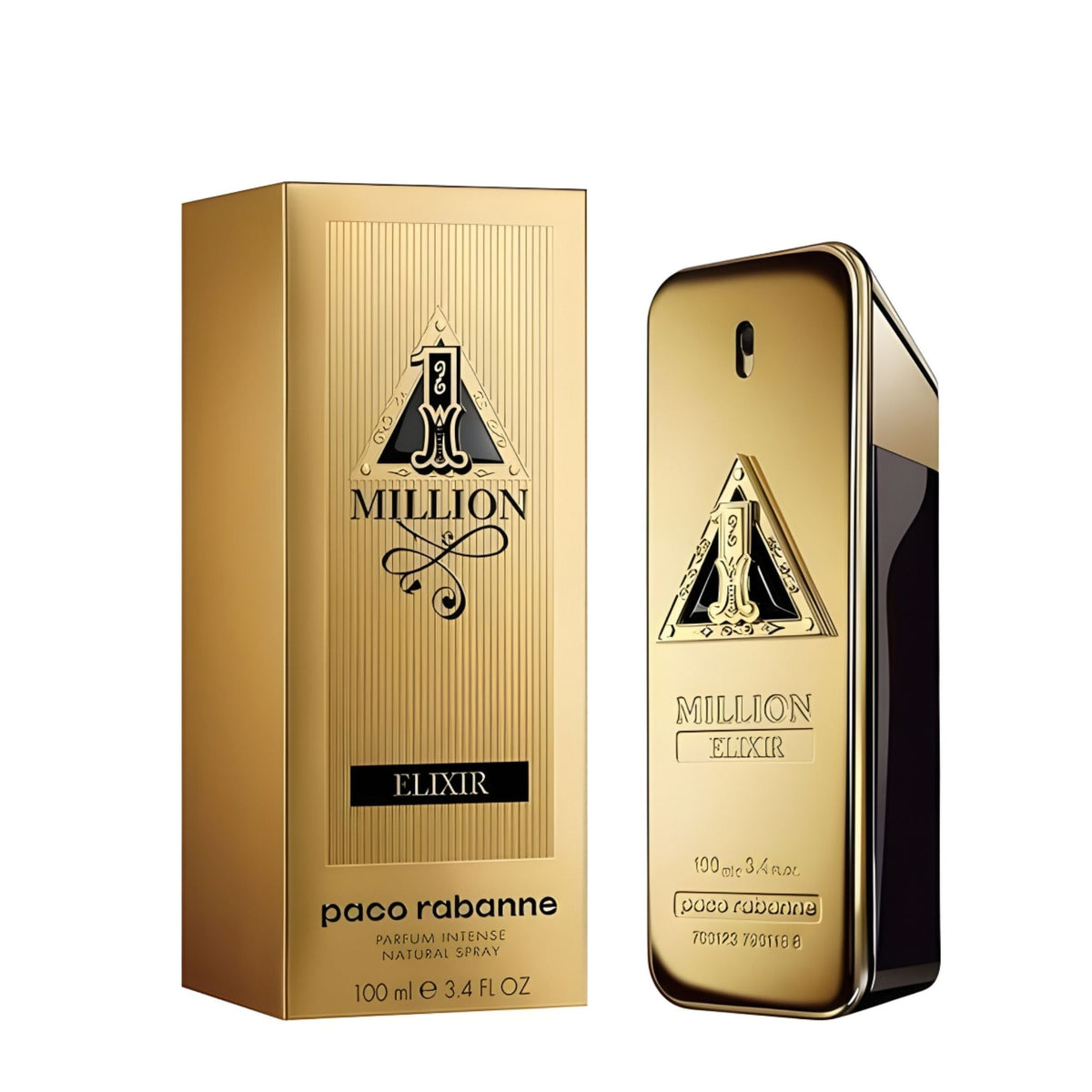 Refect Beauty Paco Rabanne One Million Elixir gold perfume bottle and matching rectangular box on white background