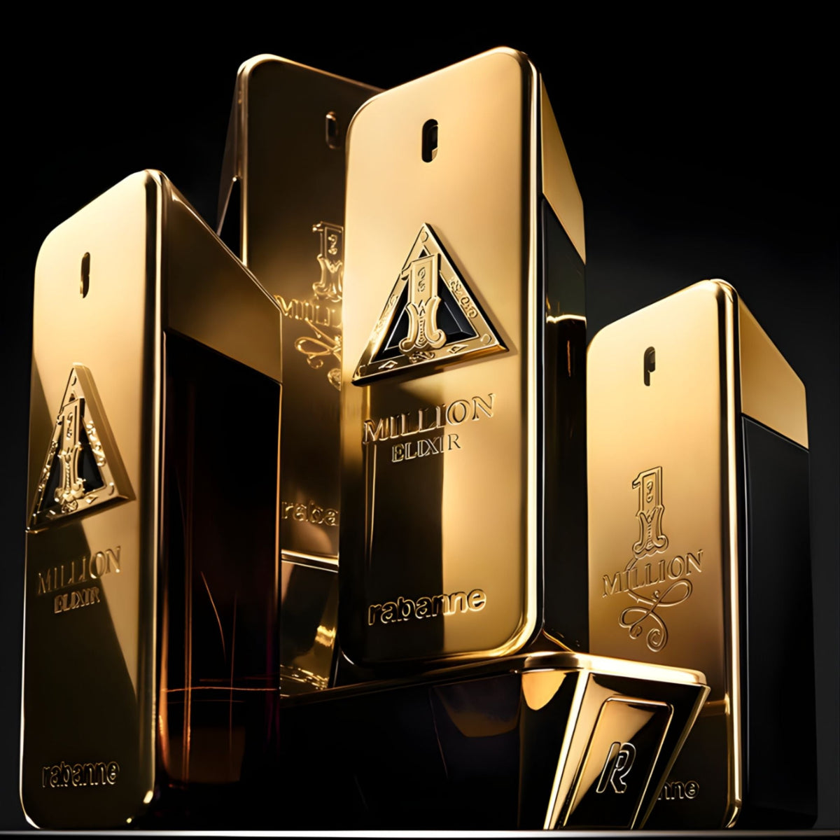 Refect Beauty Paco Rabanne One Million Elixir gold bar shaped perfume bottles for men against a black background