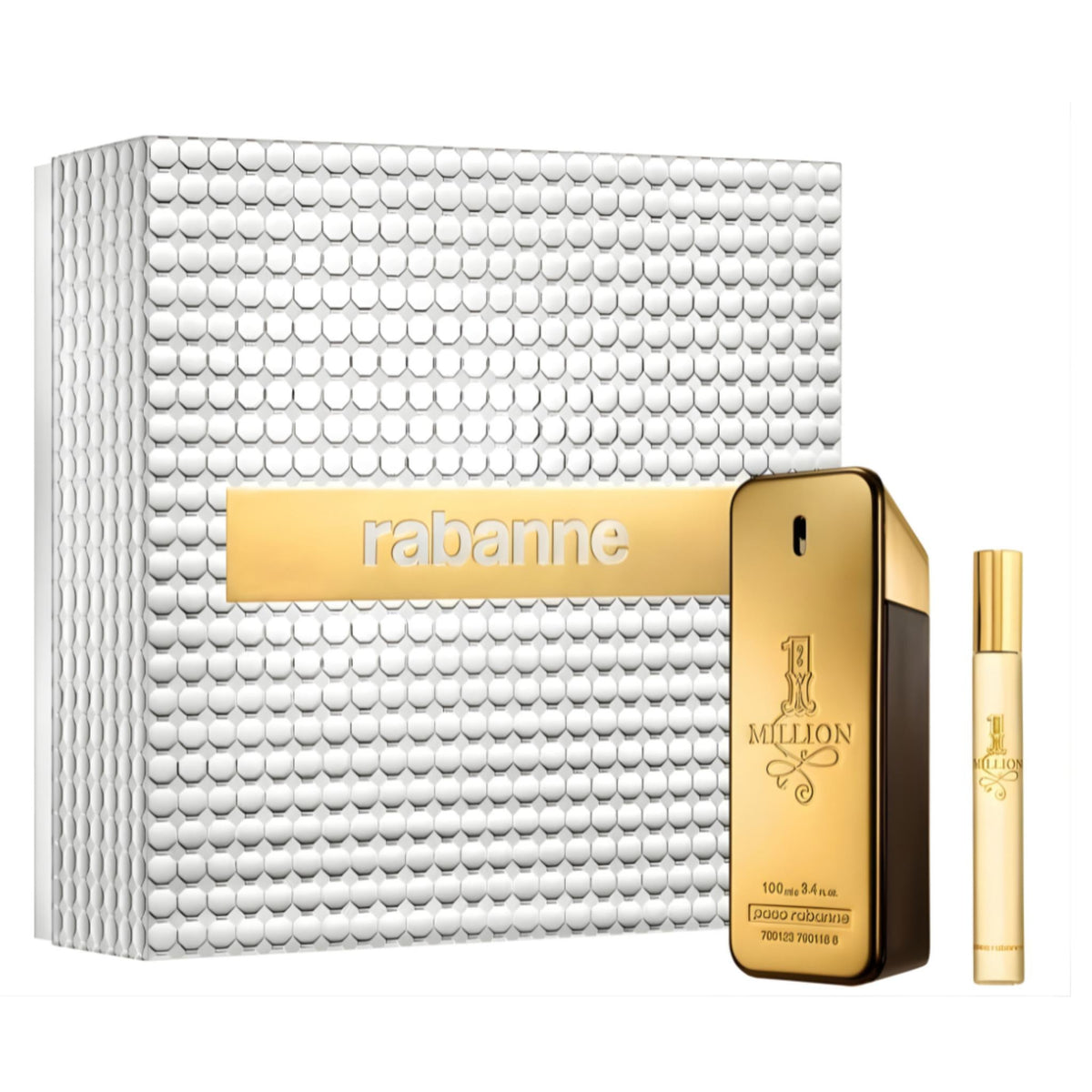 Refect Beauty Paco Rabanne One Million gift set featuring a gold fragrance bottle and travel spray in a textured box