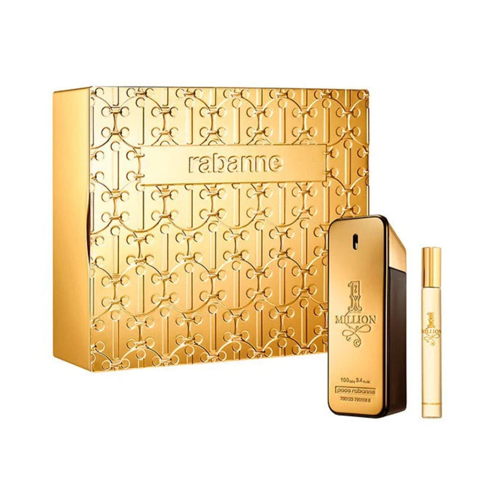 Refect Beauty Paco Rabanne 1 Million gift set featuring a gold box, 100ml eau de toilette, and 10ml travel spray.