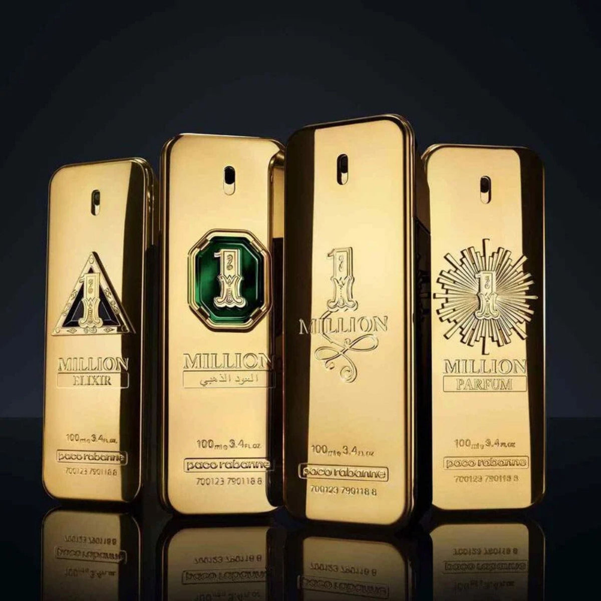 Refect Beauty collection of Paco Rabanne One Million gold bar fragrance bottles featuring various intense editions.