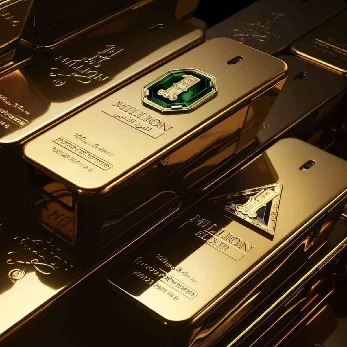 Refect Beauty Paco Rabanne One Million Golden Oud Parfum Intense in a stack of iconic gold bar shaped fragrance bottles