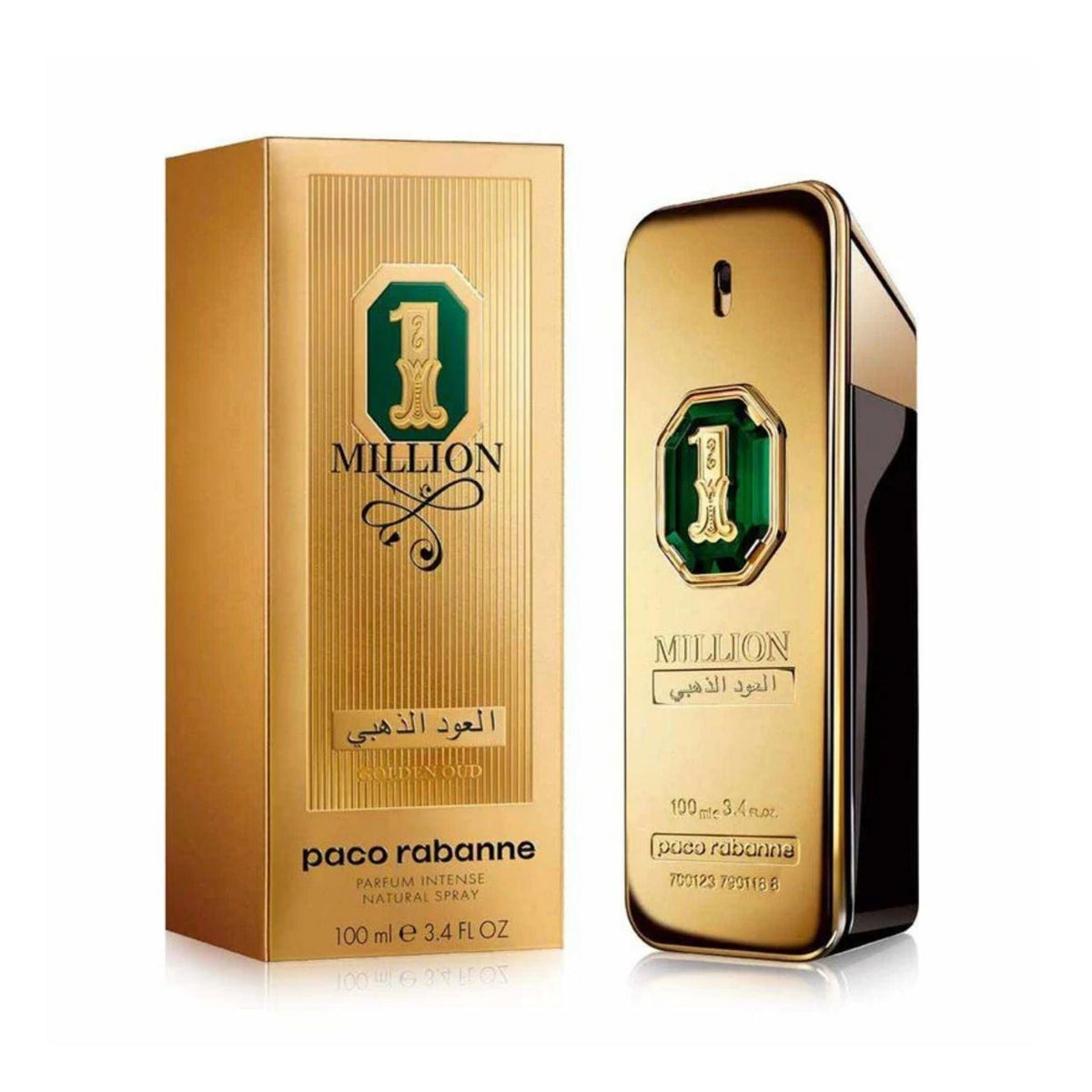Refect Beauty Paco Rabanne One Million Golden Oud Parfum Intense bottle and gold box with green accents