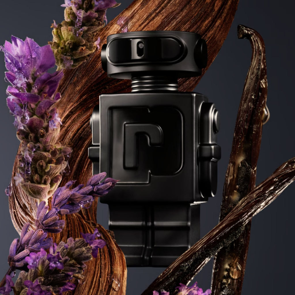 Refect Beauty Paco Rabanne Phantom Parfum bottle surrounded by lavender sprigs and vanilla beans on dark background