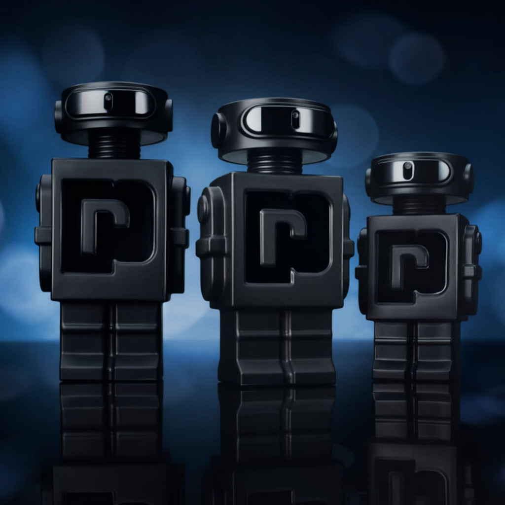 Refect Beauty Paco Rabanne Phantom Parfum robot-shaped bottles in three sizes against a dark blue bokeh background