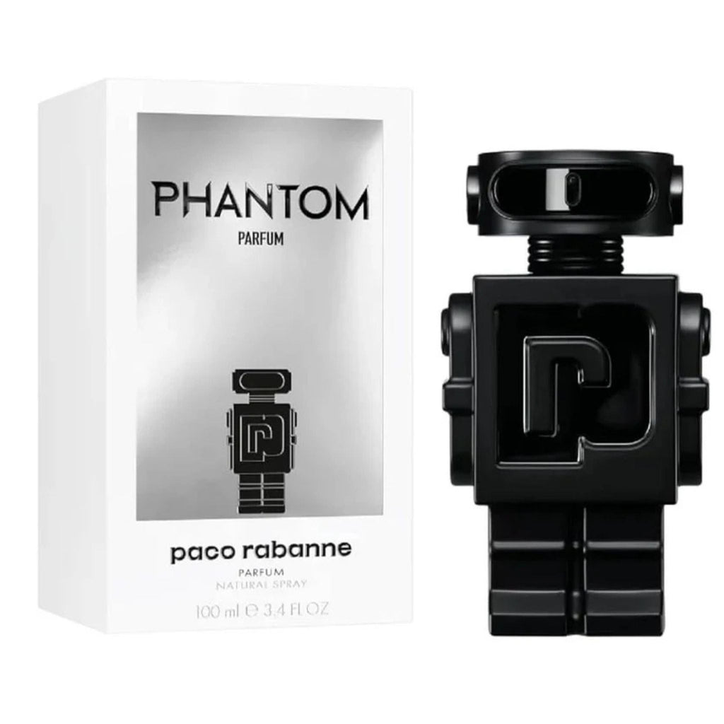 Refect Beauty Paco Rabanne Phantom Parfum for men in a distinctive black robot-shaped bottle with white gift box.
