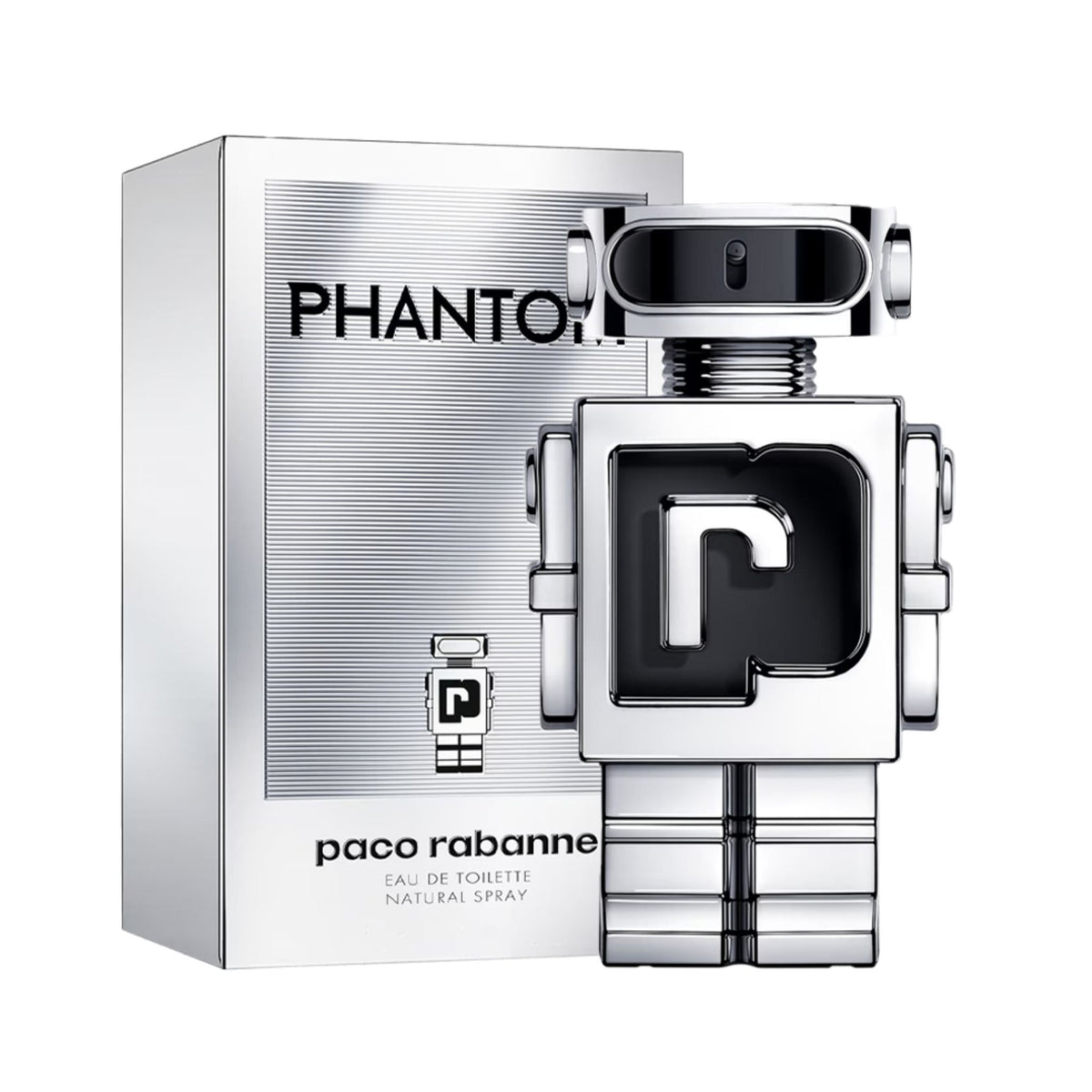 Refect Beauty Paco Rabanne Phantom Eau de Toilette in a futuristic silver robot-shaped bottle with its box.