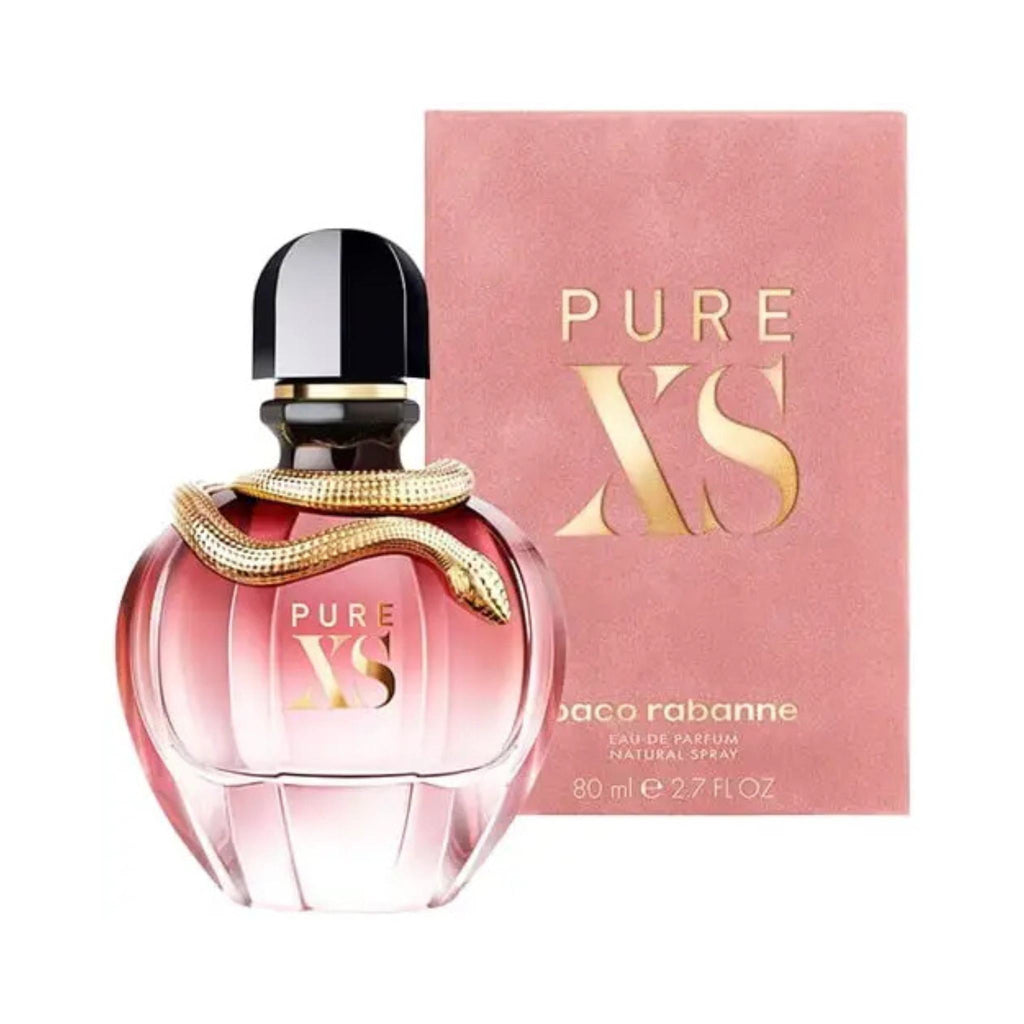 Refect Beauty Paco Rabanne Pure XS Eau de Parfum bottle with a gold snake accent next to its pink branded box