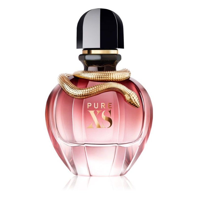 Refect Beauty Paco Rabanne Pure XS Eau de Parfum in a pink glass bottle with a gold snake accent and black cap