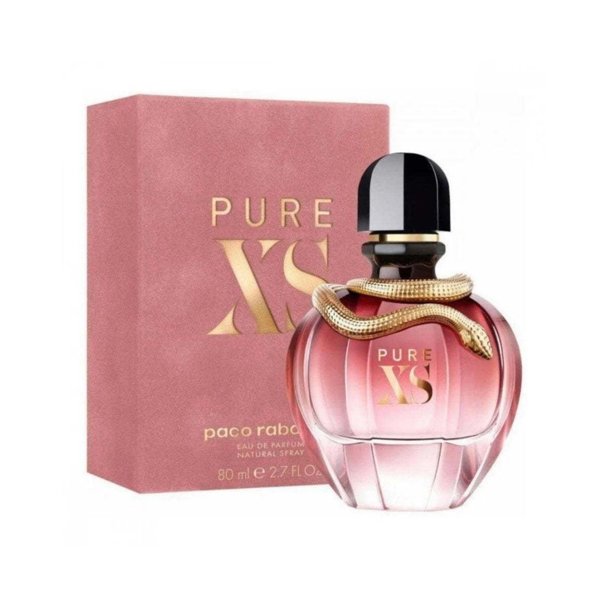 Refect Beauty Paco Rabanne Pure XS Eau de Parfum bottle with gold snake detail next to its pink branded box