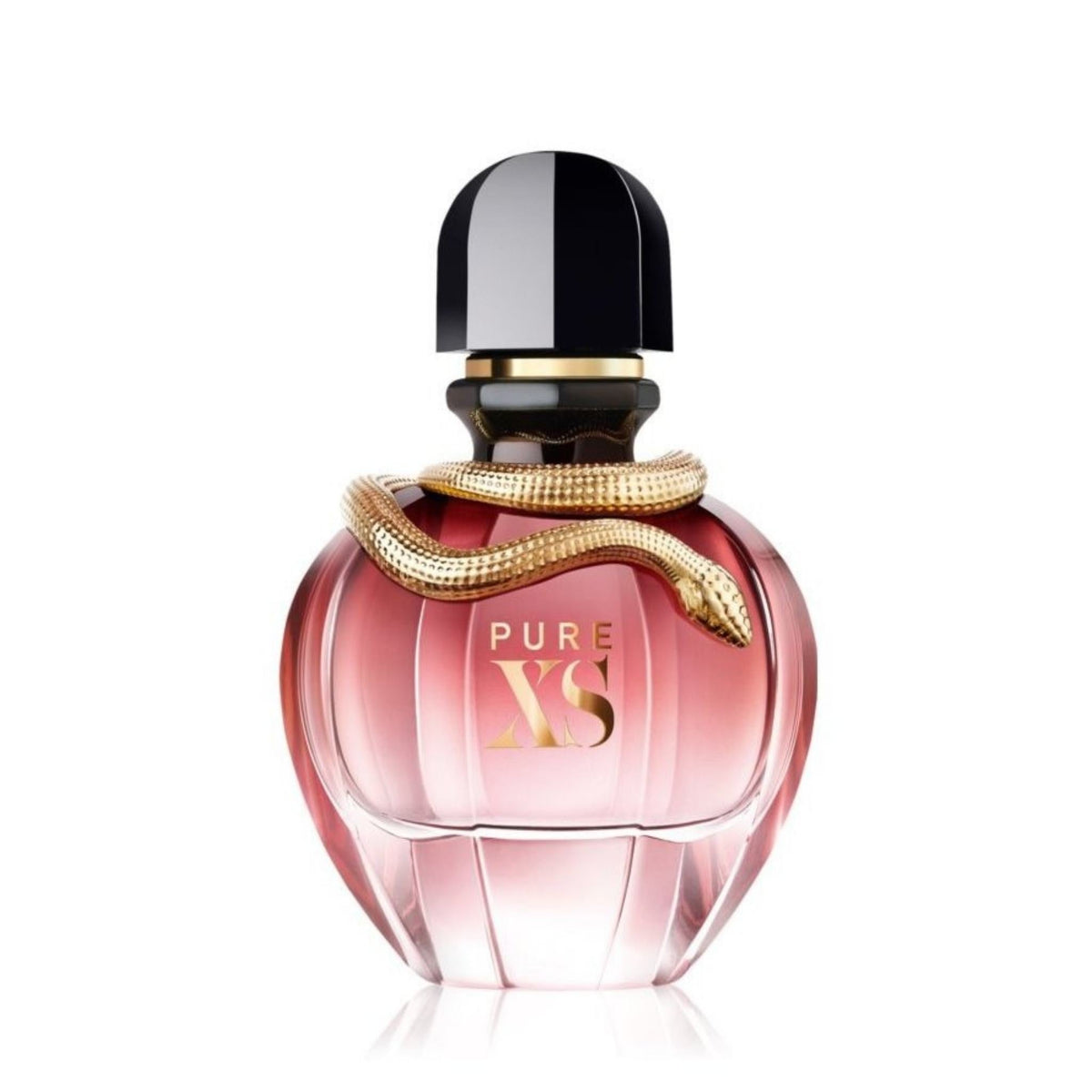 Refect Beauty Paco Rabanne Pure XS Eau de Parfum in a pink glass bottle with a gold snake wrapped around the neck