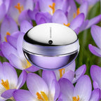 Refect Beauty Paco Rabanne Ultraviolet Eau de Parfum in a spherical purple glass bottle set against purple crocus flowers
