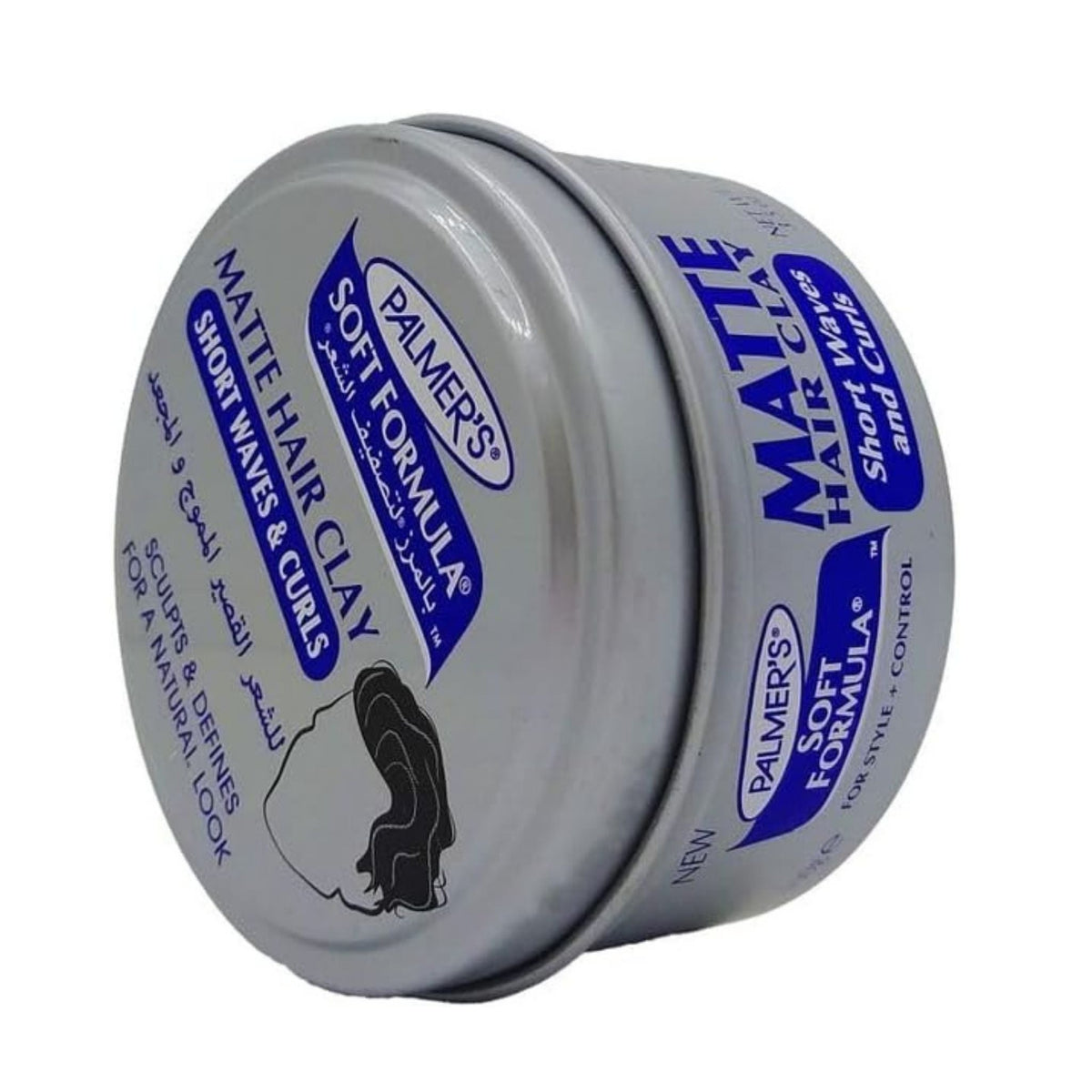 Refect Beauty Palmer’s Soft Formula Matte Hair Clay for short waves and curls in a silver tin container.