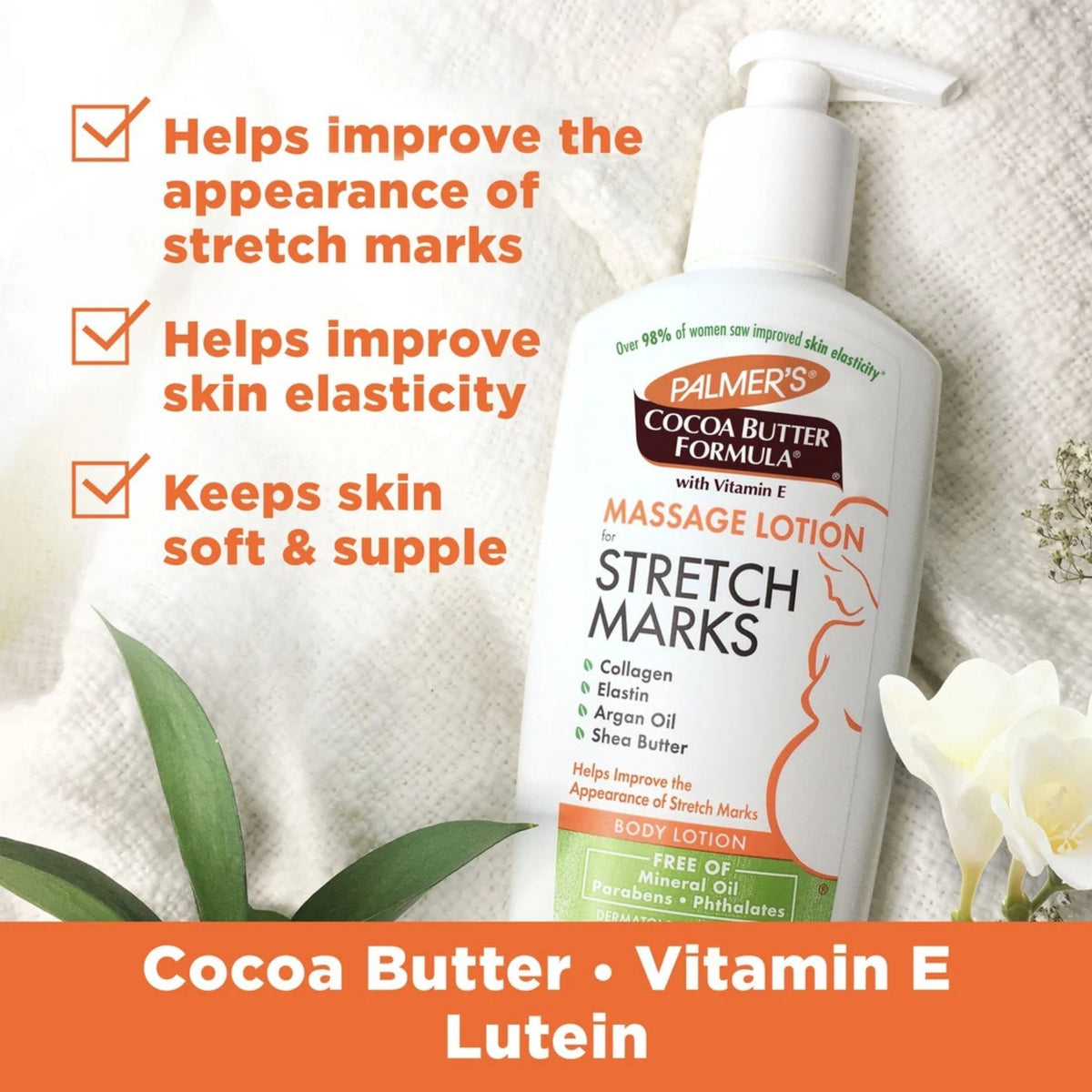 Refect Beauty Palmer's Cocoa Butter Formula massage lotion bottle with pump for pregnancy stretch mark care