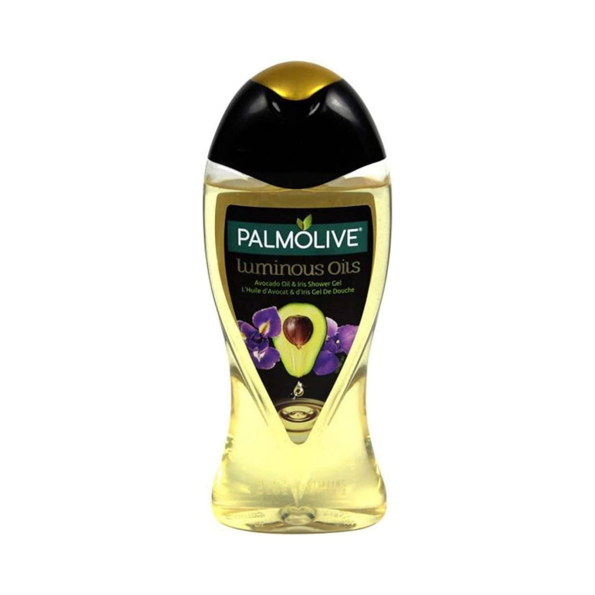 Refect Beauty Palmolive Luminous Oils Avocado and Iris shower gel in a clear bottle with a black and gold cap.