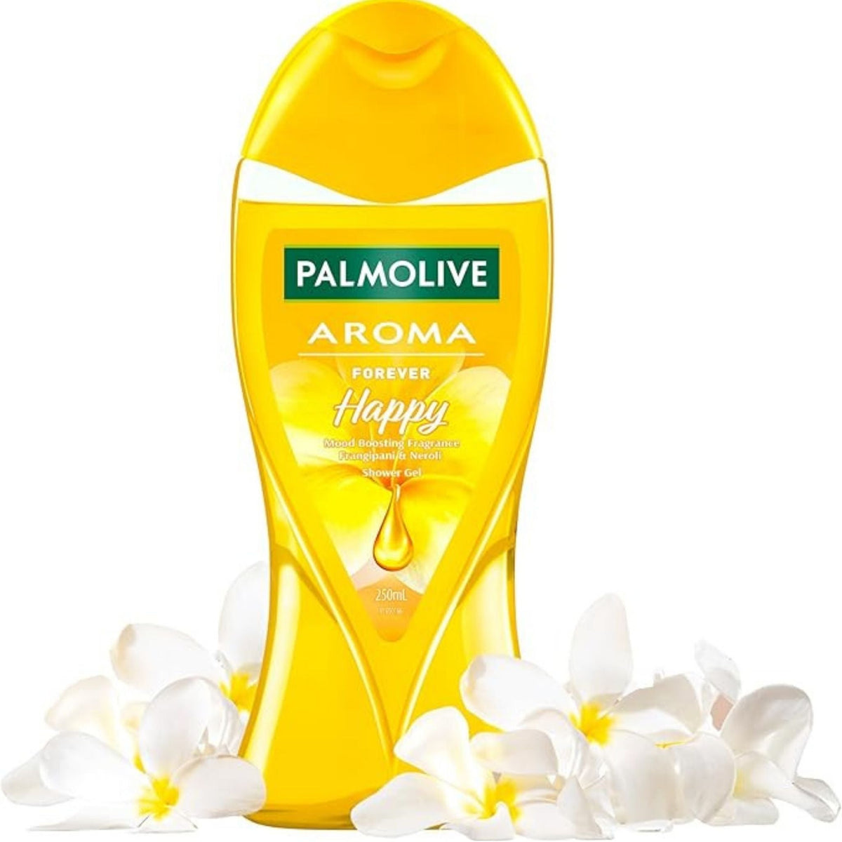 Refect Beauty Palmolive Forever Happy shower gel in a yellow bottle with white frangipani flowers on a white background