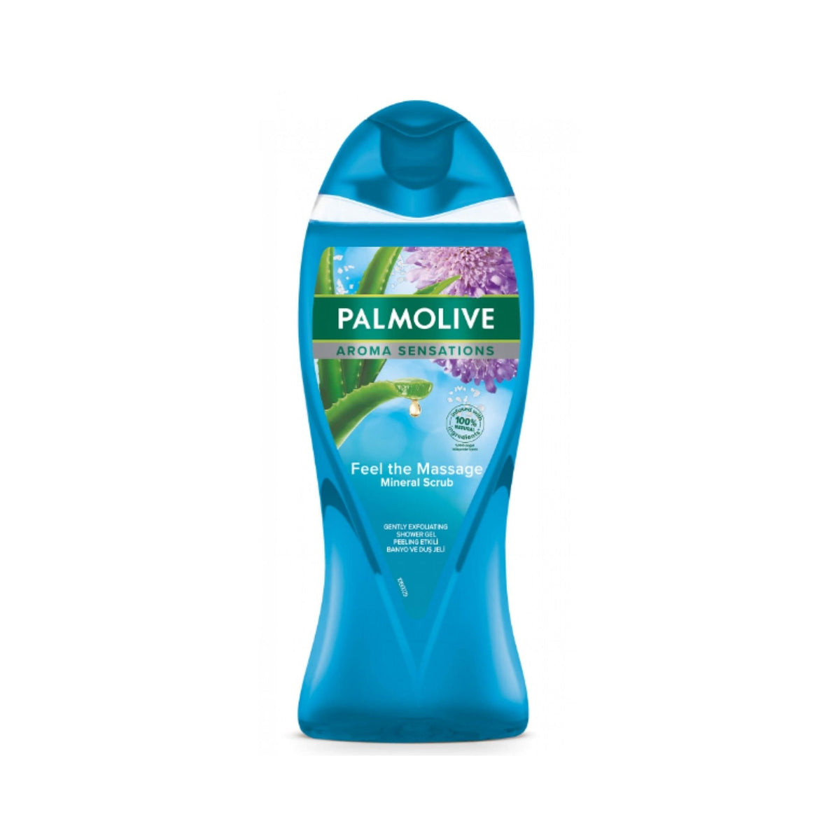 Refect Beauty Palmolive Feel the Massage exfoliating shower gel in a blue bottle with aloe vera and floral imagery.