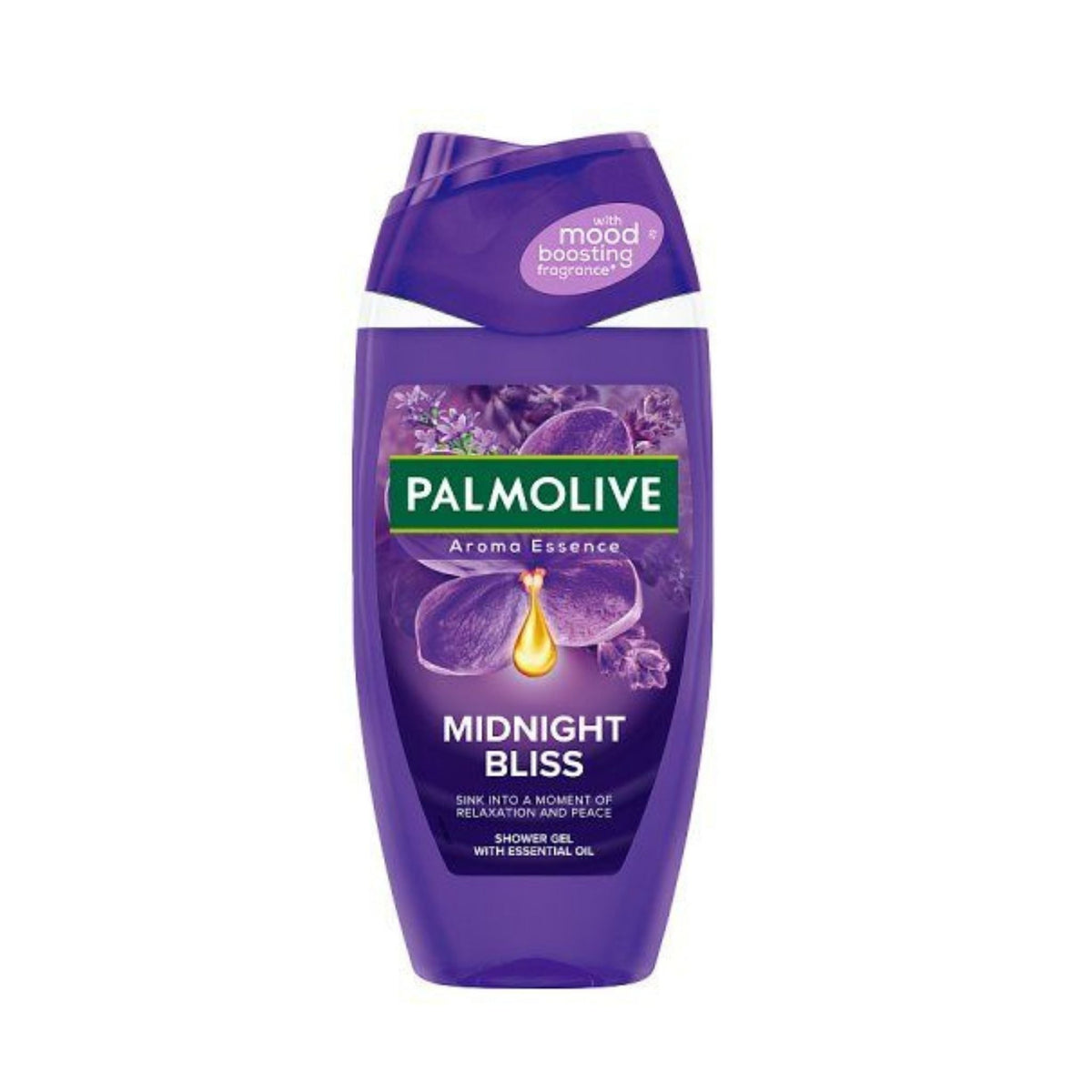 Refect Beauty Palmolive Aroma Essence Midnight Bliss shower gel in a purple bottle with floral fragrance details.