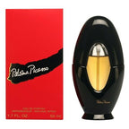 Refect Beauty Paloma Picasso Eau de Parfum in a sleek black oval bottle next to its iconic red and black box.