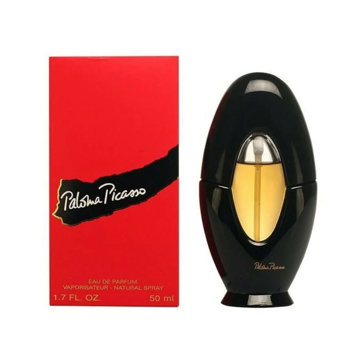 Refect Beauty Paloma Picasso Eau de Parfum with its iconic black oval bottle and vibrant red signature box.