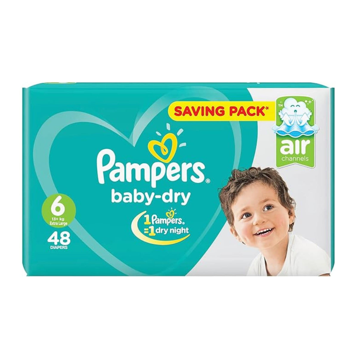 Refect Beauty Pampers Baby Dry size 6 diapers pack with 48 count, featuring air channels and a smiling baby.