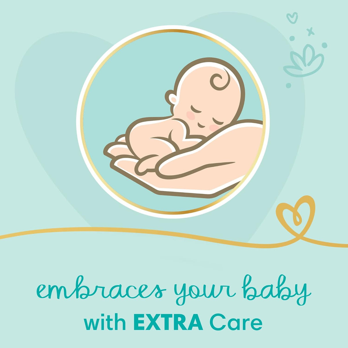 Refect Beauty Pampers Premium Extra Care diaper packaging graphic featuring a baby cradled in a hand illustration