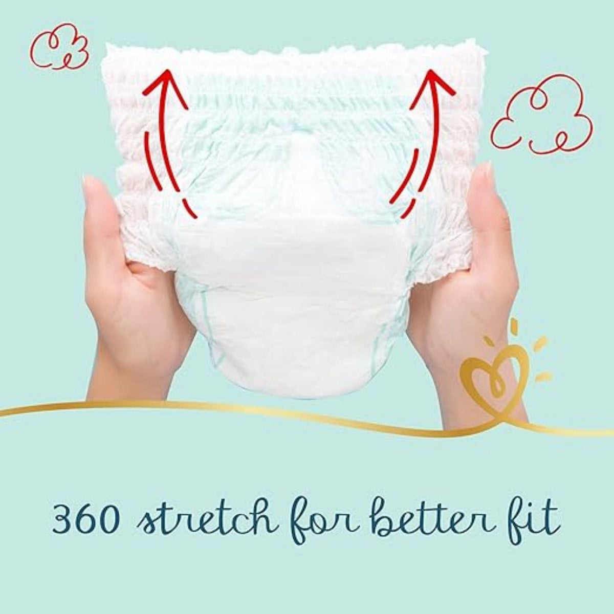 Refect Beauty Pampers Pants Size 3 showing 360-degree stretch waistband for a secure and comfortable baby diaper fit