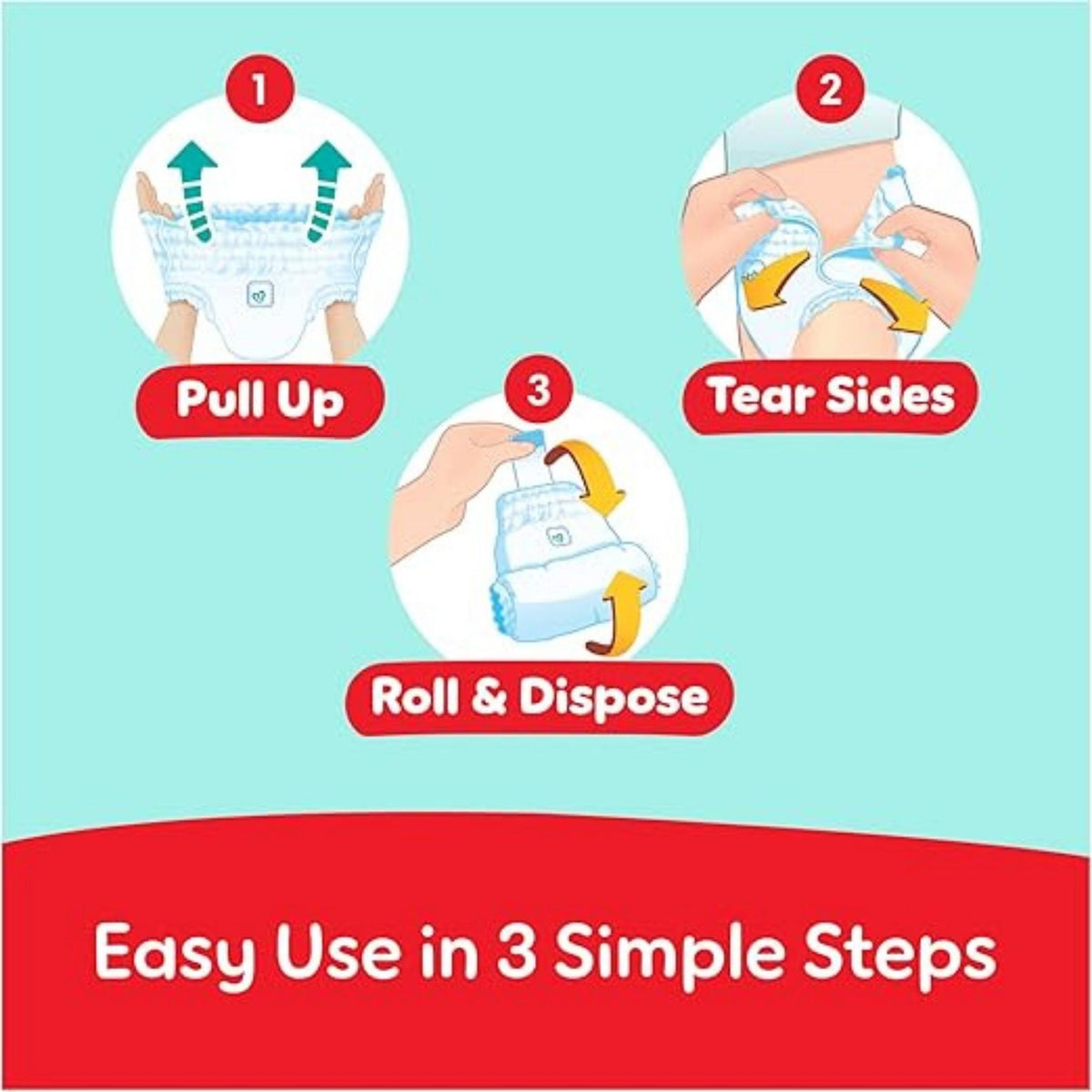 Refect Beauty Pampers Pants Special Care size 3 instructions showing how to pull up, tear sides, and roll to dispose.