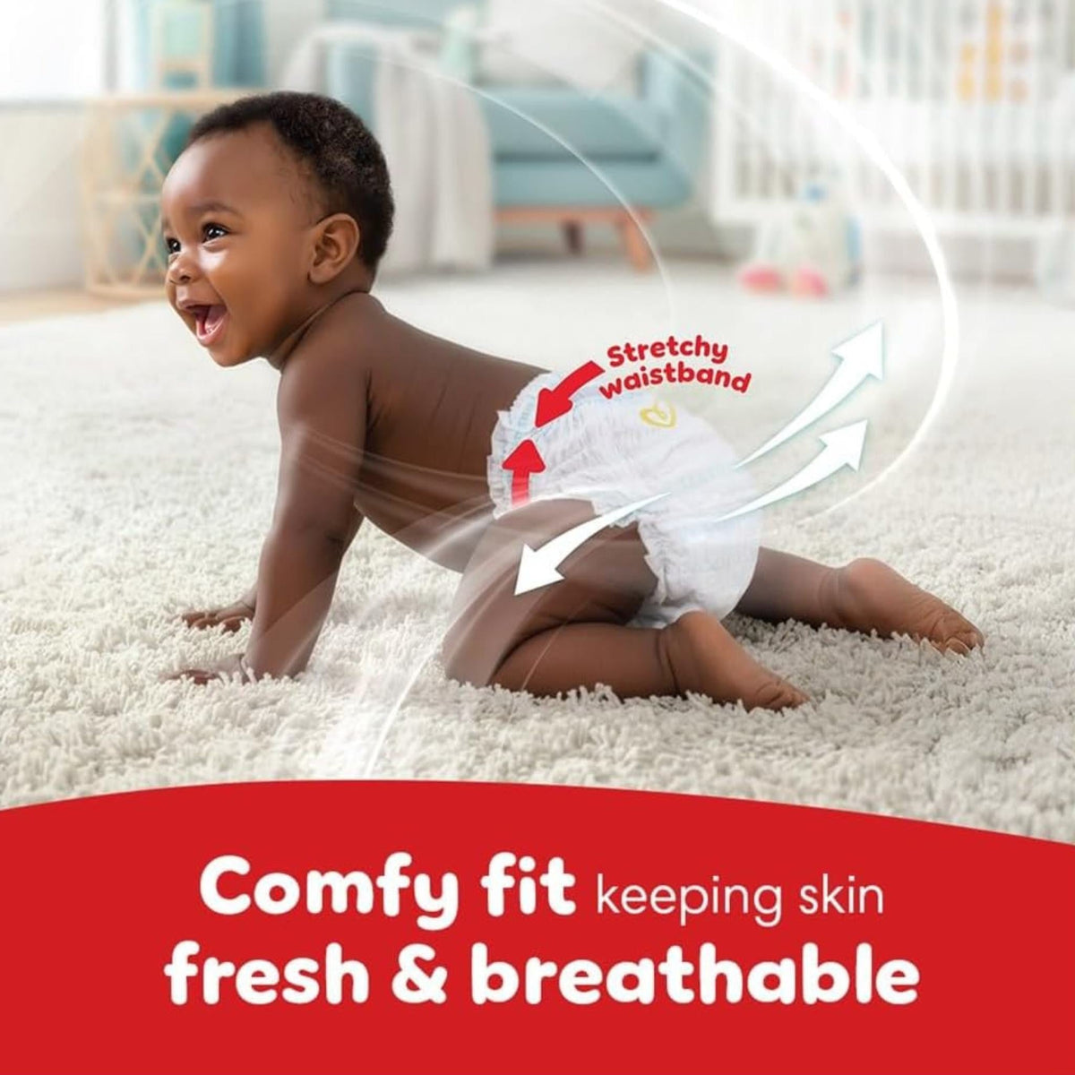 Refect Beauty Pampers Premium Care size 6 diaper on a crawling baby showing the stretchy waistband and breathable fit