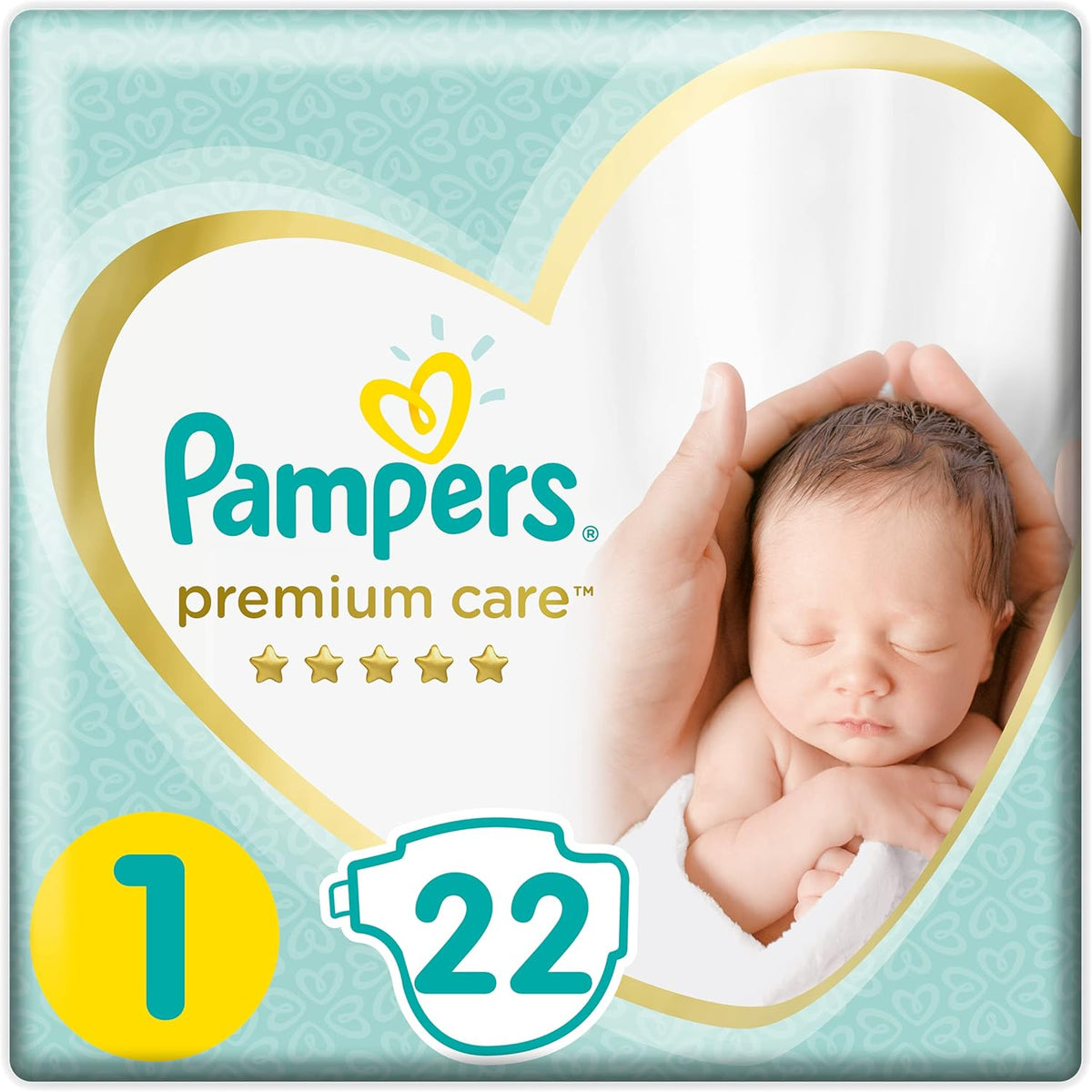 Refect Beauty Pampers Premium Care size 1 newborn diapers packaging with a sleeping baby graphic