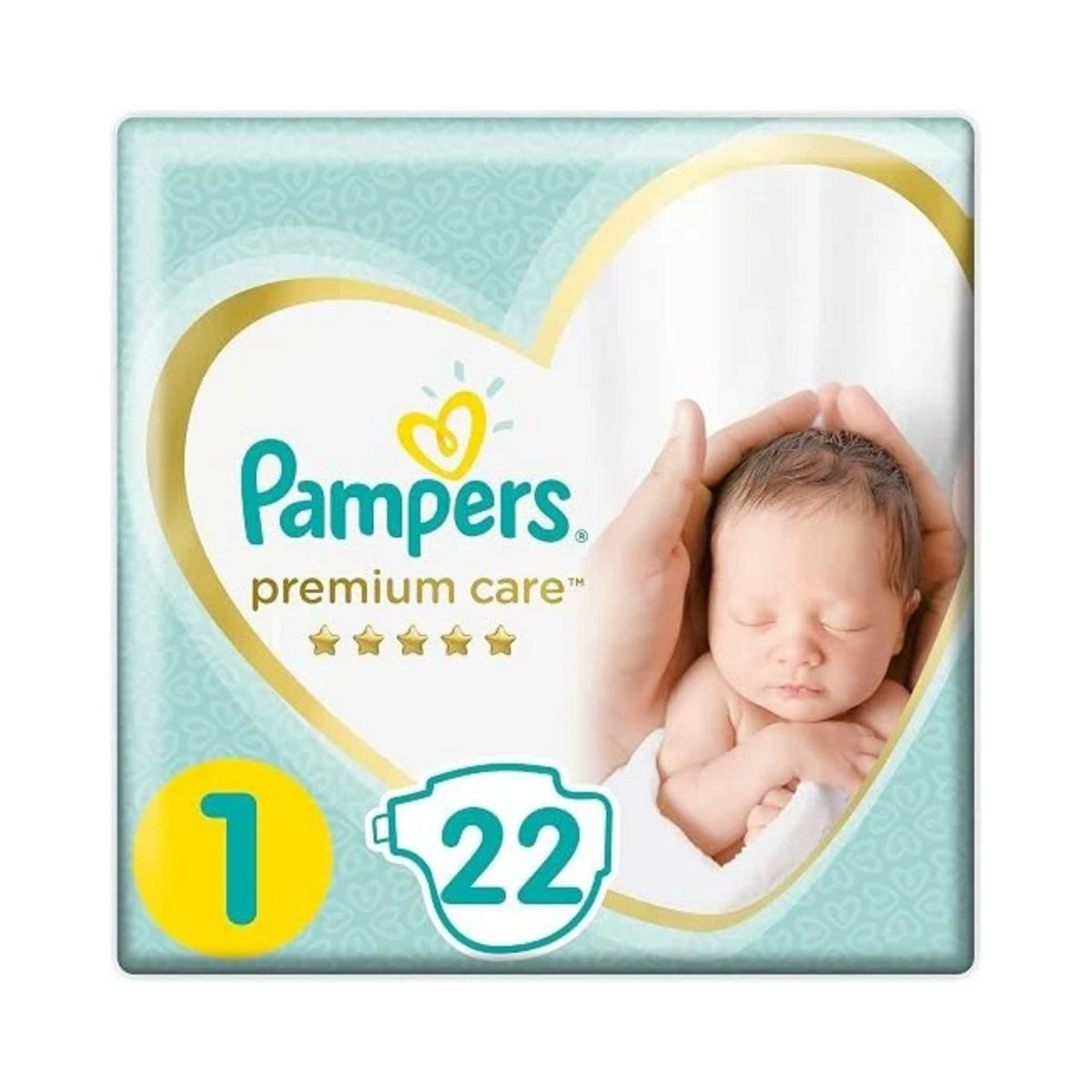 Refect Beauty Pampers Premium Care size 1 diapers pack featuring a newborn baby in a heart-shaped frame