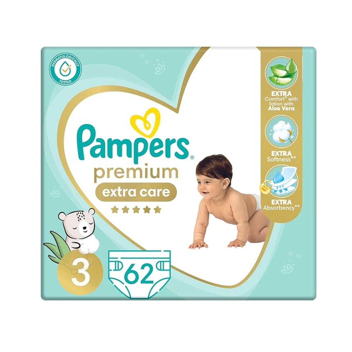 Refect Beauty Pampers Premium Extra Care size 3 diapers pack with baby illustration and aloe vera features