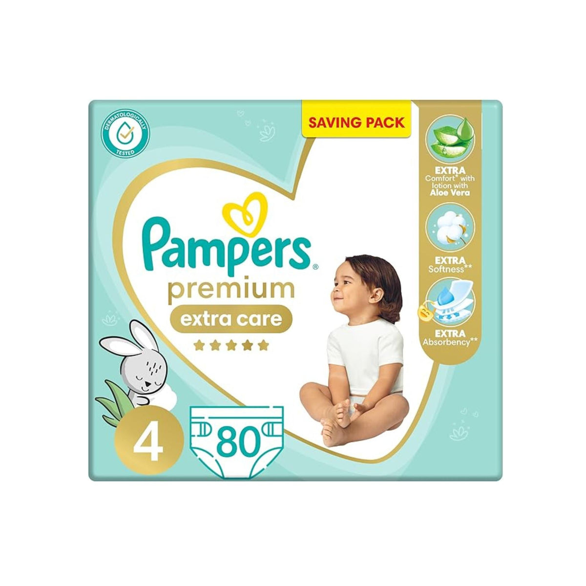 Refect Beauty Pampers Premium Extra Care size 4 diapers pack with 80 count, featuring aloe vera and soft material.