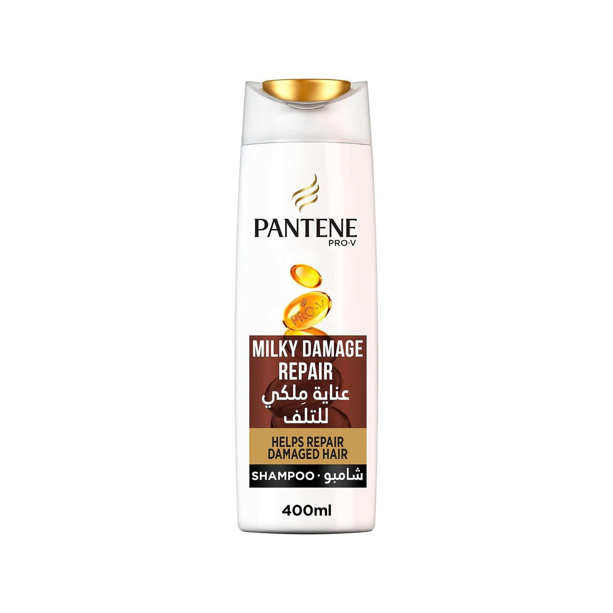 Refect Beauty Pantene Milky Damage Repair shampoo bottle for damaged hair in a 400ml white container with gold cap