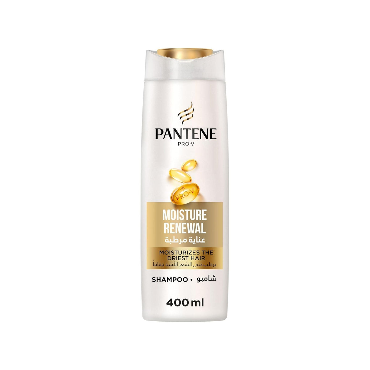 Refect Beauty Pantene Pro-V Moisture Renewal Shampoo 400ml bottle for dry hair with gold cap and Pro-V nutrient icon