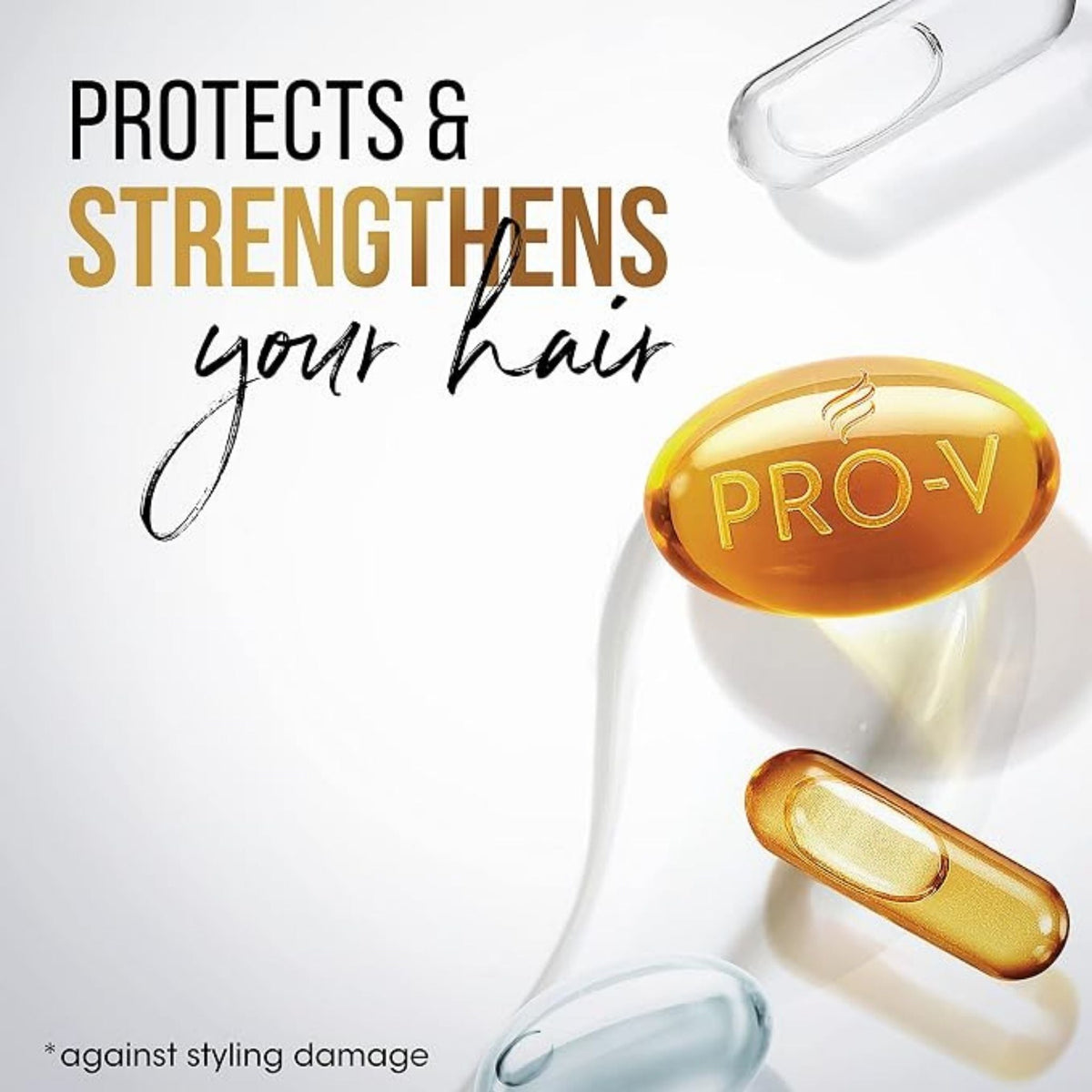 Refect Beauty Pantene Pro-V conditioner graphic featuring golden nutrient capsules and hair protection text