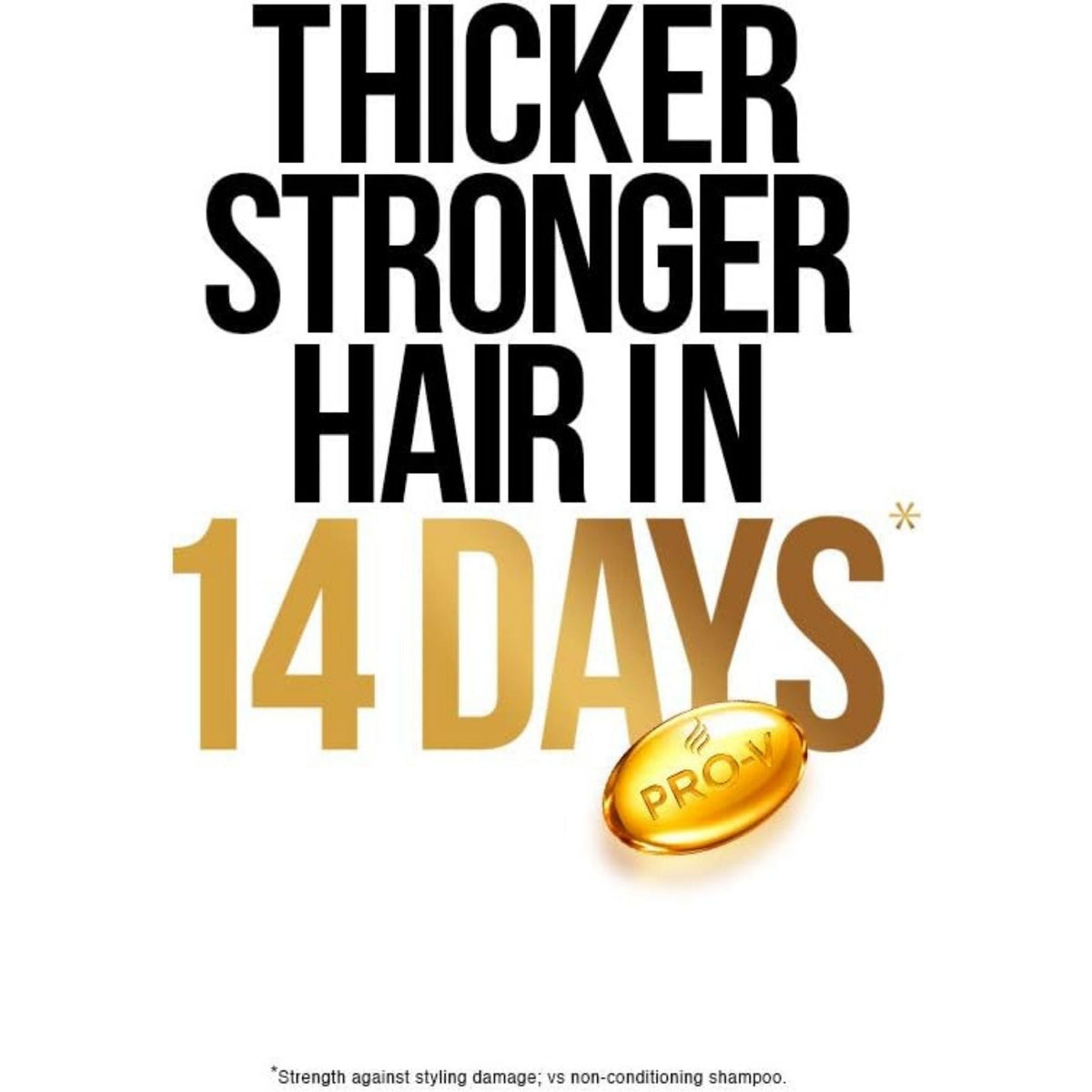Refect Beauty Pantene Pro-V promotional graphic promising thicker stronger hair in 14 days with a golden nutrient capsule