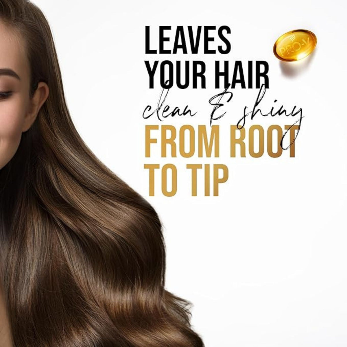 Refect Beauty Pantene Pro-V 2-in-1 shampoo advertisement featuring a woman with long, shiny, healthy brown hair.