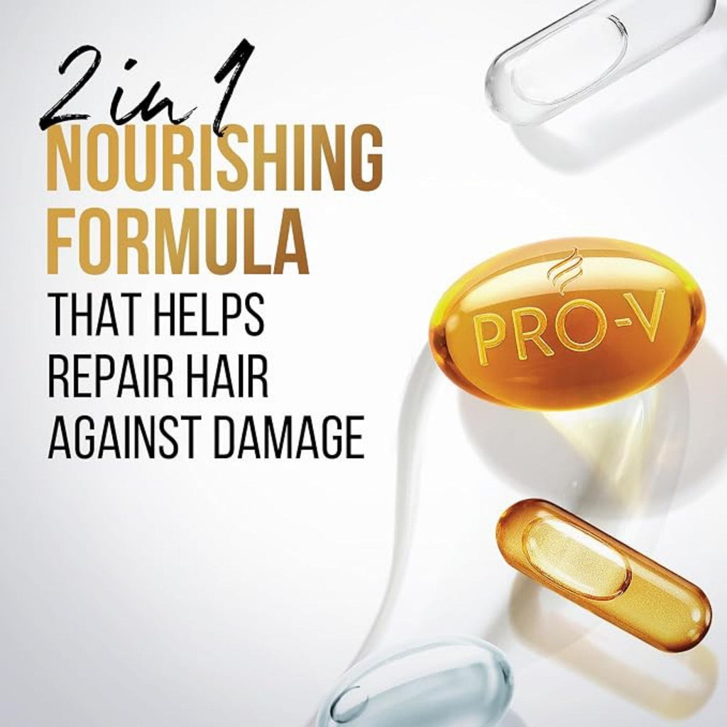 Refect Beauty Pantene Pro-V 2-in-1 shampoo advertisement featuring golden vitamin capsules and nourishing formula text