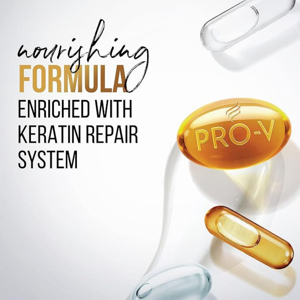 Refect Beauty Pantene Pro-V shampoo featuring a nourishing formula with a keratin repair system and golden capsules.