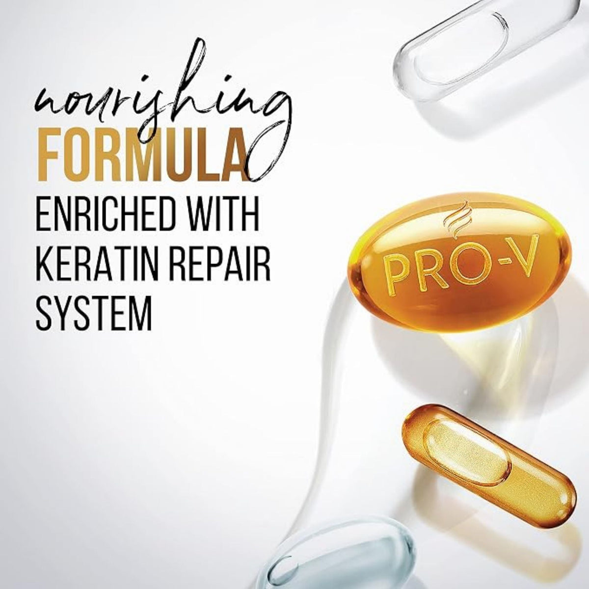 Refect Beauty Pantene Pro-V shampoo featuring a nourishing formula with a keratin repair system and golden capsules.
