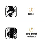 Refect Beauty instructional icons showing how to lather and rinse hair with Pantene Daily Care Shampoo
