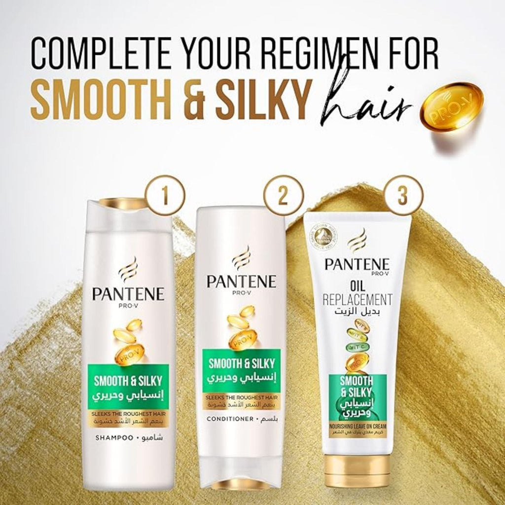 Refect Beauty Pantene Pro-V Smooth and Silky hair care set including shampoo, conditioner, and oil replacement.