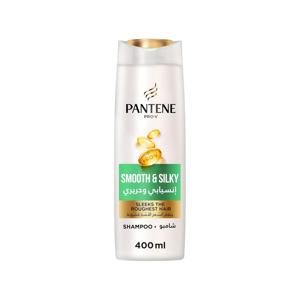 Refect Beauty Pantene Pro-V Smooth & Silky shampoo bottle in white with gold cap for frizz control and shine