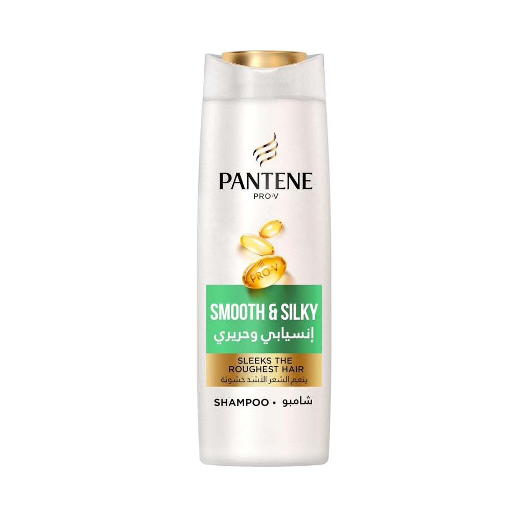 Refect Beauty Pantene Pro-V Smooth & Silky shampoo bottle in white packaging with gold cap for frizz control