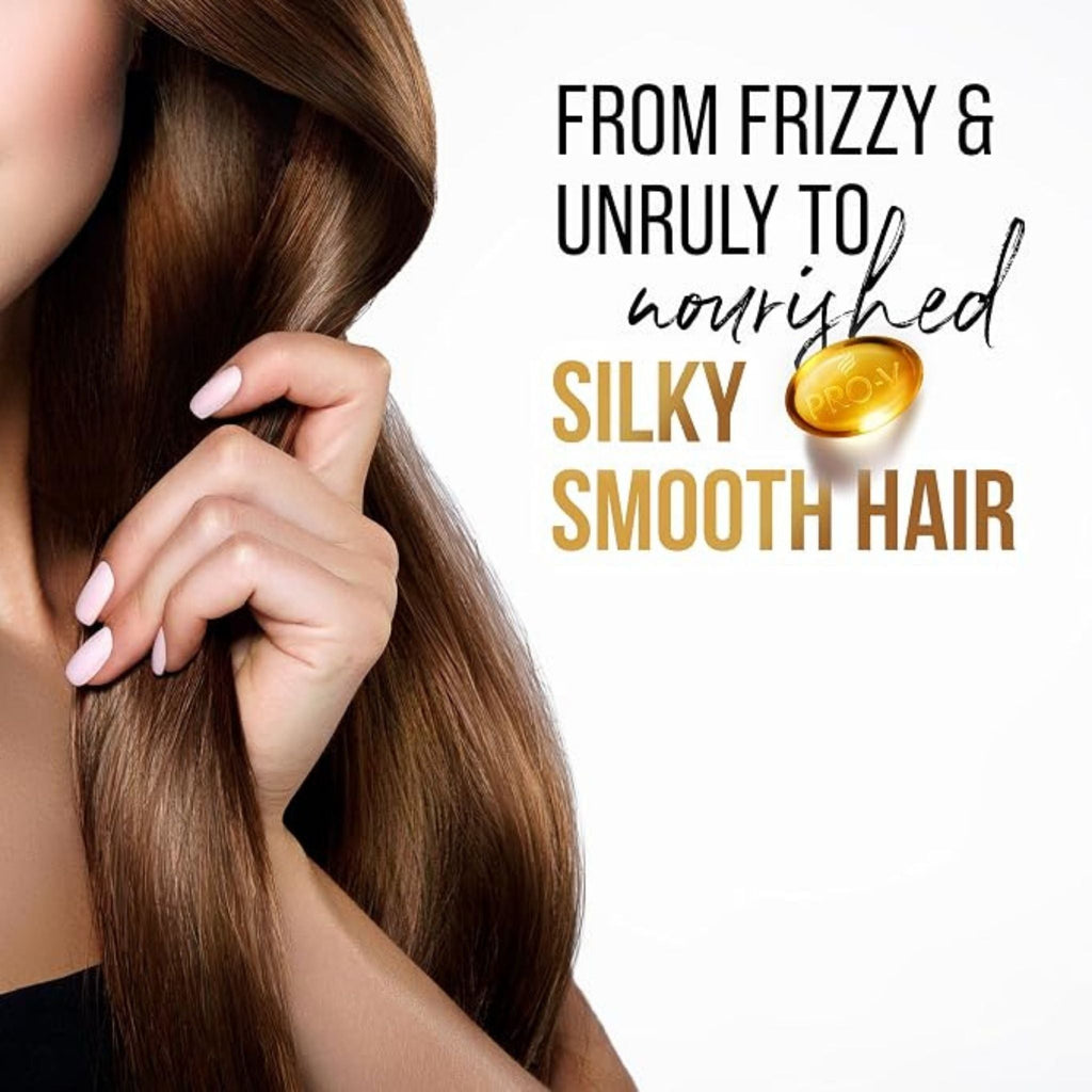 Refect Beauty Pantene Pro-V Smooth & Silky shampoo advertisement showing healthy, smooth, and shiny brown hair.